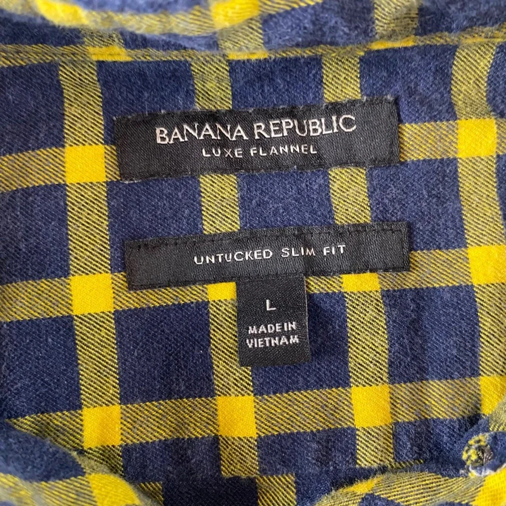 Banana Republic Mens Luxe Flannel Shirt Navy Yellow‎ Plaid Untucked Slim Fit L